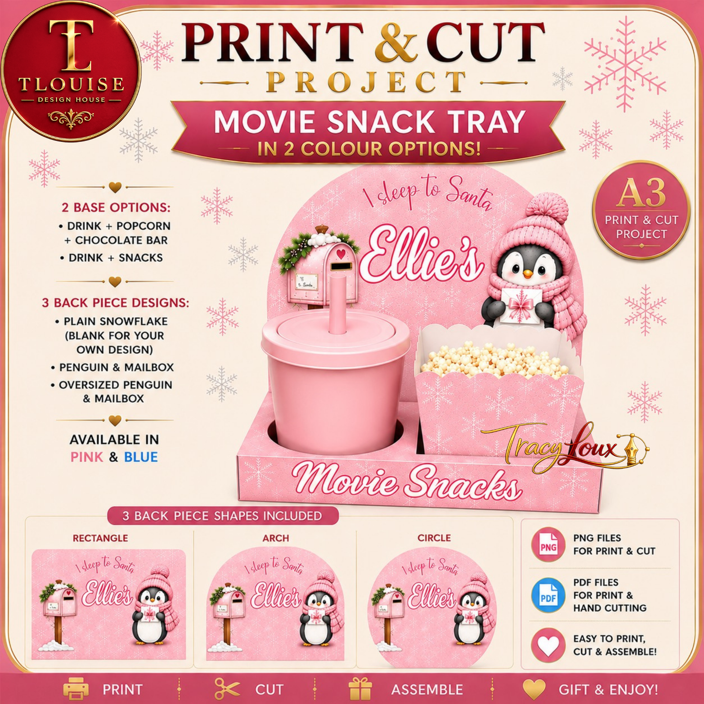 Christmas Penguin Deep Movie Snack Tray - Print and Cut A3 Bundle