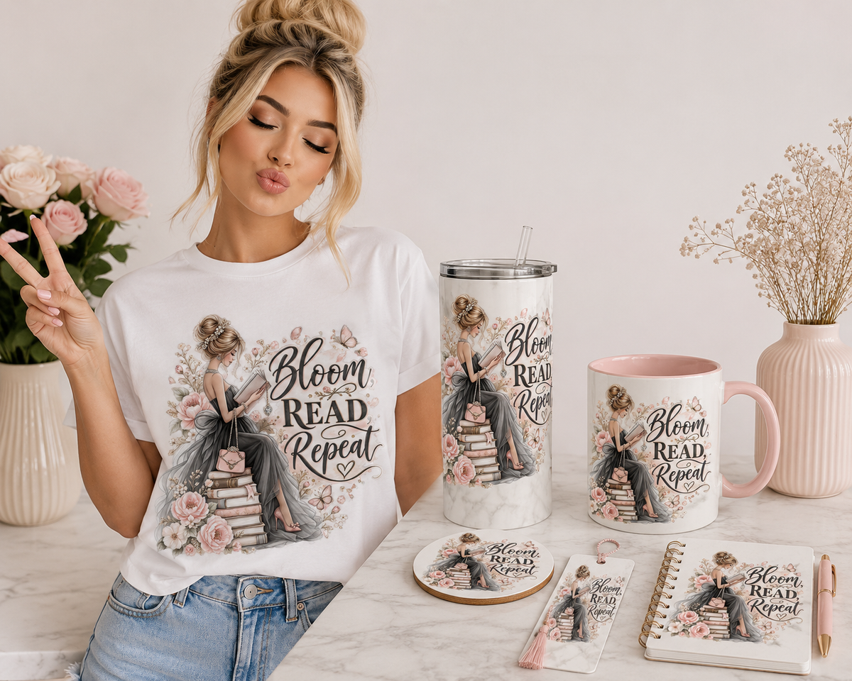 Reading Girl 'Bloom Read Repeat' POD Design FREEBIE