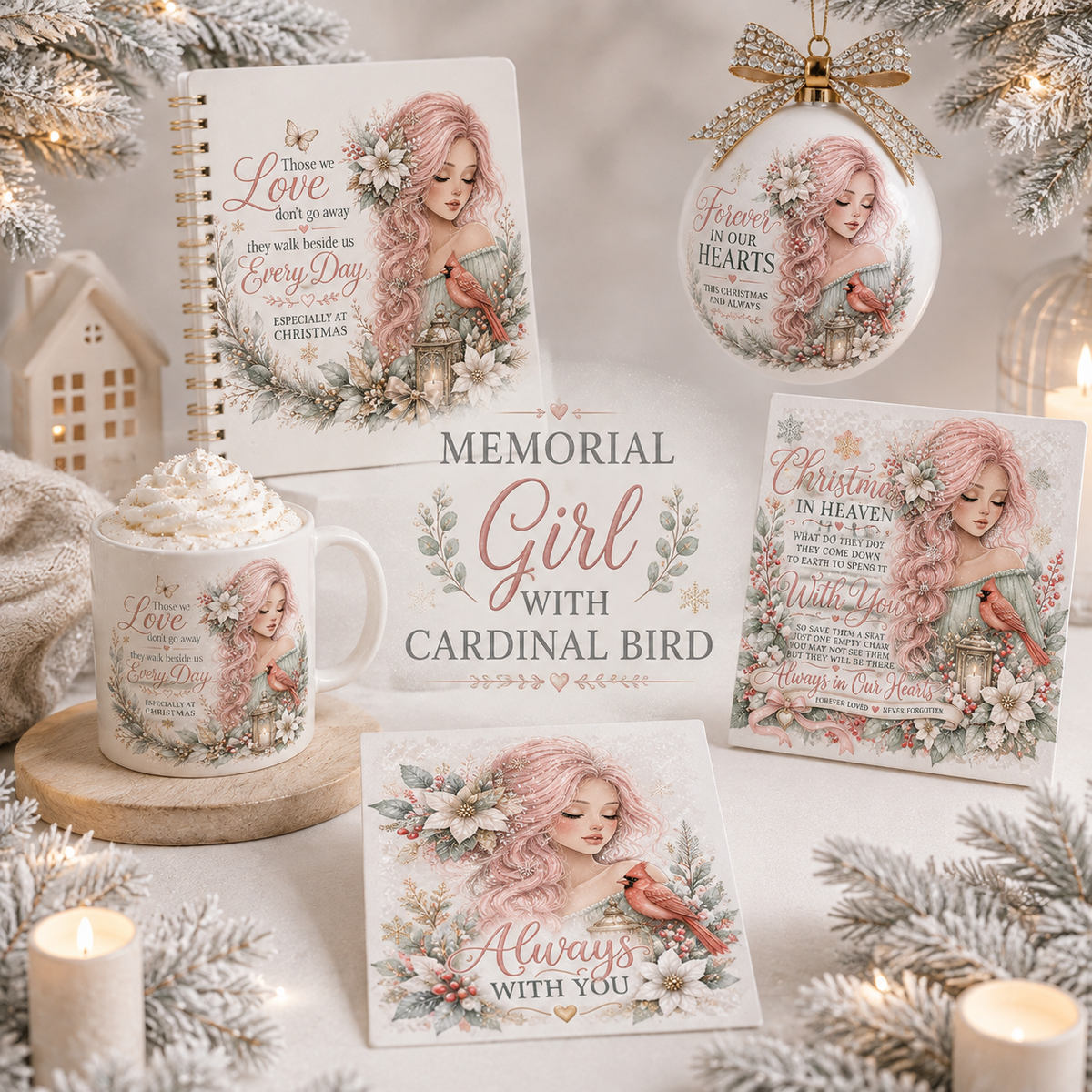 Christmas Memorial Design Girl With Cardinal Bird