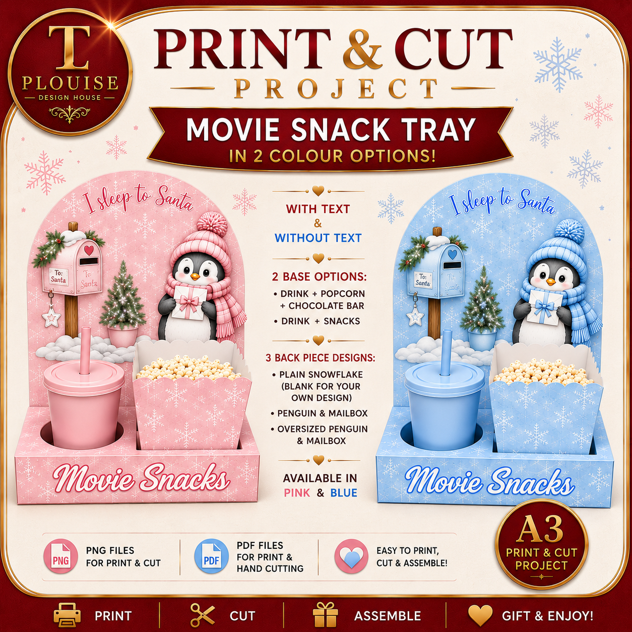 Christmas Penguin Deep Movie Snack Tray - Print and Cut A3 Bundle