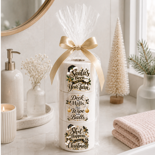 A gift-wrapped stack of three toilet paper rolls sits on a bathroom counter. The rolls have holiday-themed printed labels reading "Santa's Been Too Busy For Your Turn," "Deck Halls Wipe Balls," and "Shit Happens When Christmas.